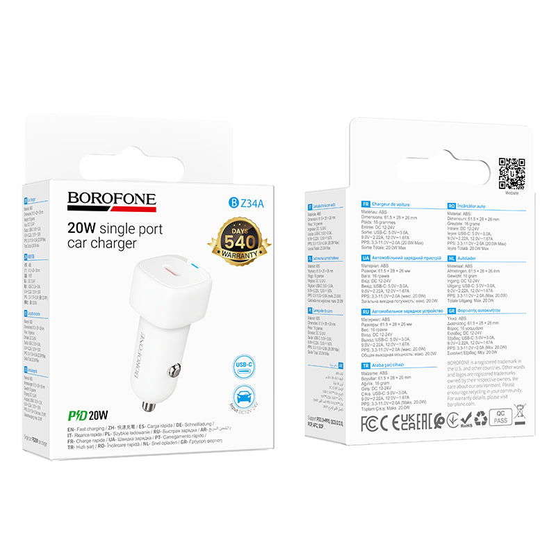 Bilader Borofone BZ34A Cloud, 20W, 3A, 1 x USB-C, Hvit