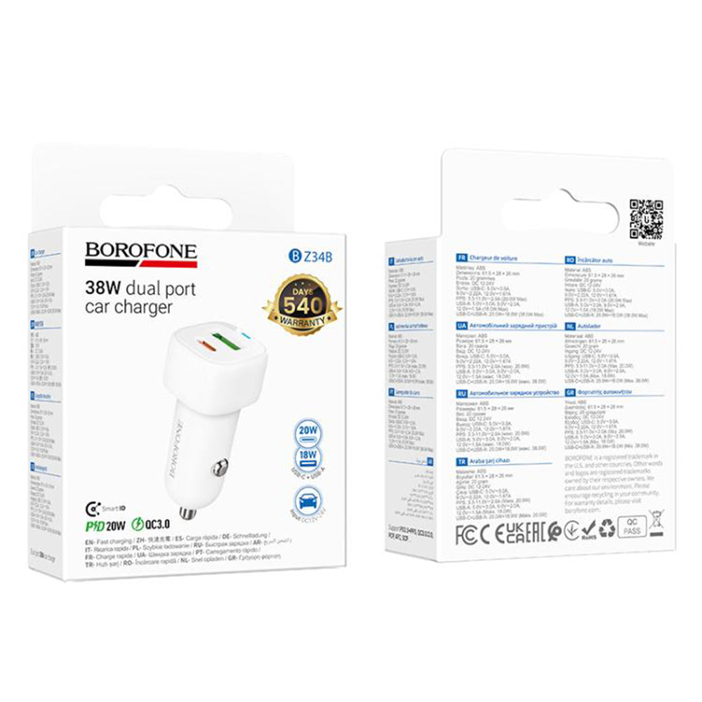 Bilader Borofone BZ34B Cloud, 20W, 3A, 1 x USB-A - 1 x USB-C, Hvit