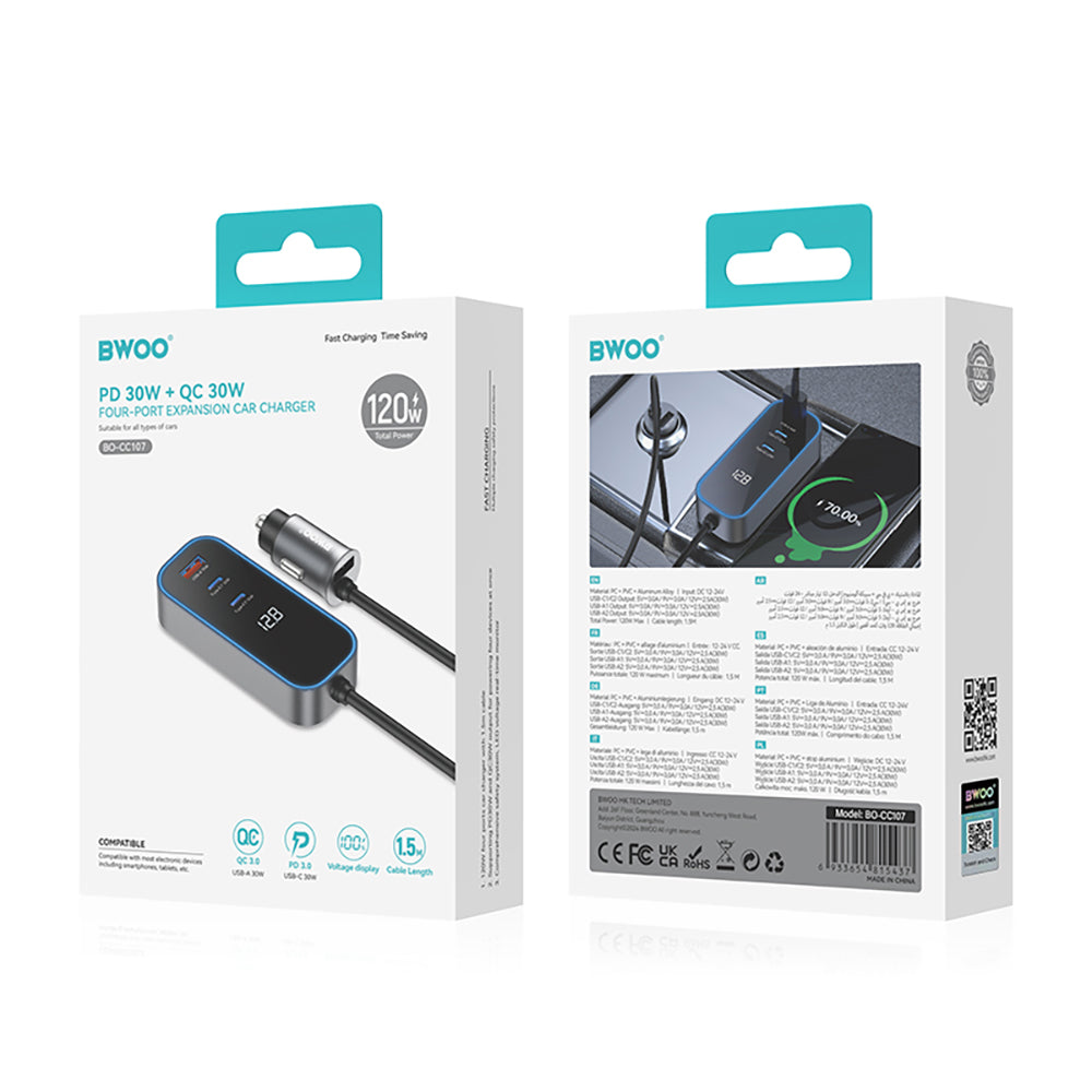 Bilader BWOO CC107 Display, 120W, 3A, 2 x USB-A - 2 x USB-C, Svart