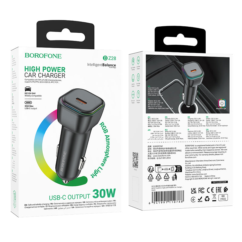Billadere med lynkabel Borofone BZ28 Trophie, 30W, 3A, 1 x USB-C, svart 