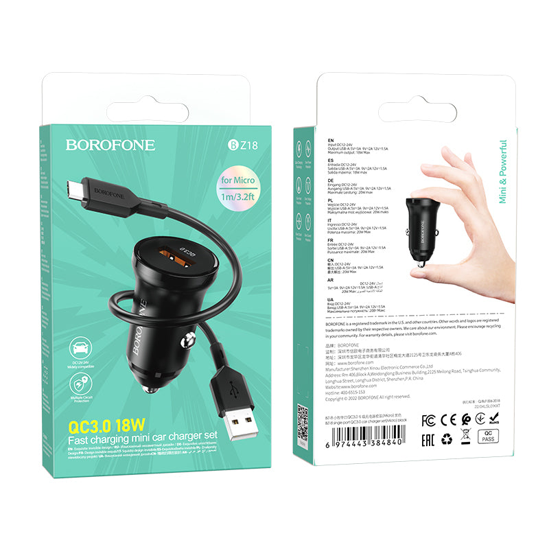 Bilader med microUSB-kabel Borofone BZ18, 18W, 3A, 1 x USB-A, Svart