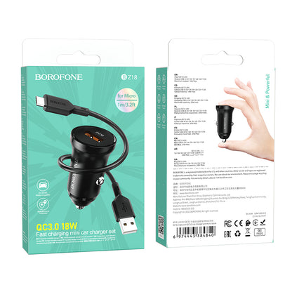 Bilader med microUSB-kabel Borofone BZ18, 18W, 3A, 1 x USB-A, Svart