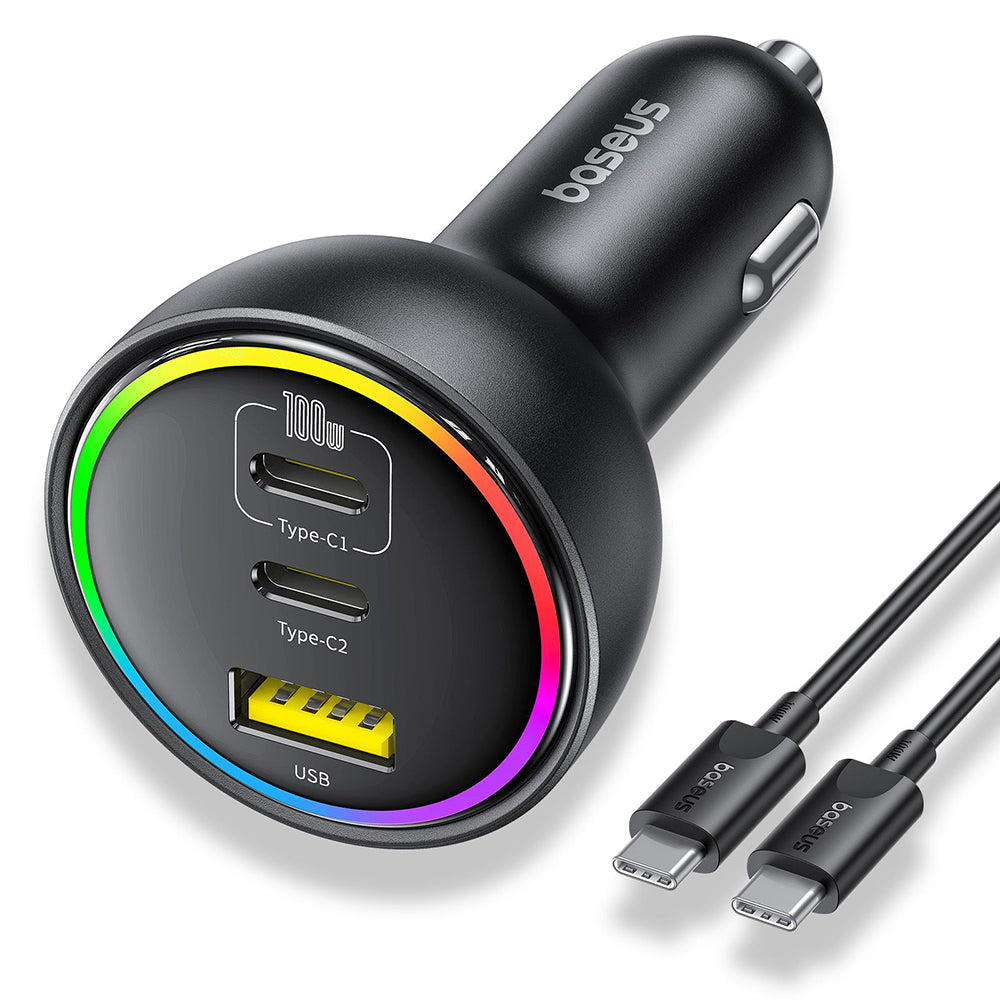 Bilader med USB-C-kabel fra Baseus, 152.5W, 5A, 1 x USB-A - 2 x USB-C, Svart C00036101111-00
