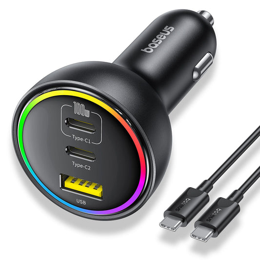 Bilader med USB-C-kabel fra Baseus, 152.5W, 5A, 1 x USB-A - 2 x USB-C, Svart C00036101111-00