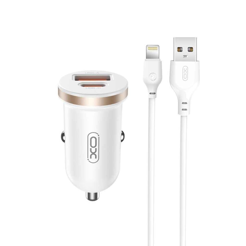 Bilader med Lightning-kabel XO Design CC56, 30W, 3A, 1 x USB-A - 1 x USB-C, Hvit
