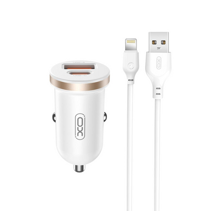 Bilader med Lightning-kabel XO Design CC56, 30W, 3A, 1 x USB-A - 1 x USB-C, Hvit