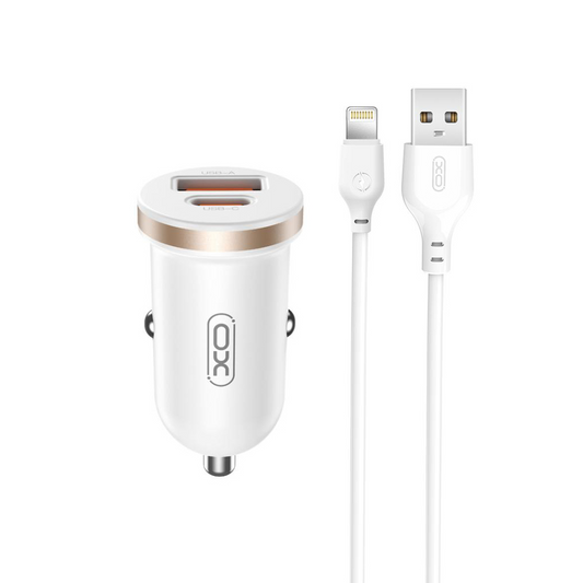 Bilader med Lightning-kabel XO Design CC56, 30W, 3A, 1 x USB-A - 1 x USB-C, Hvit