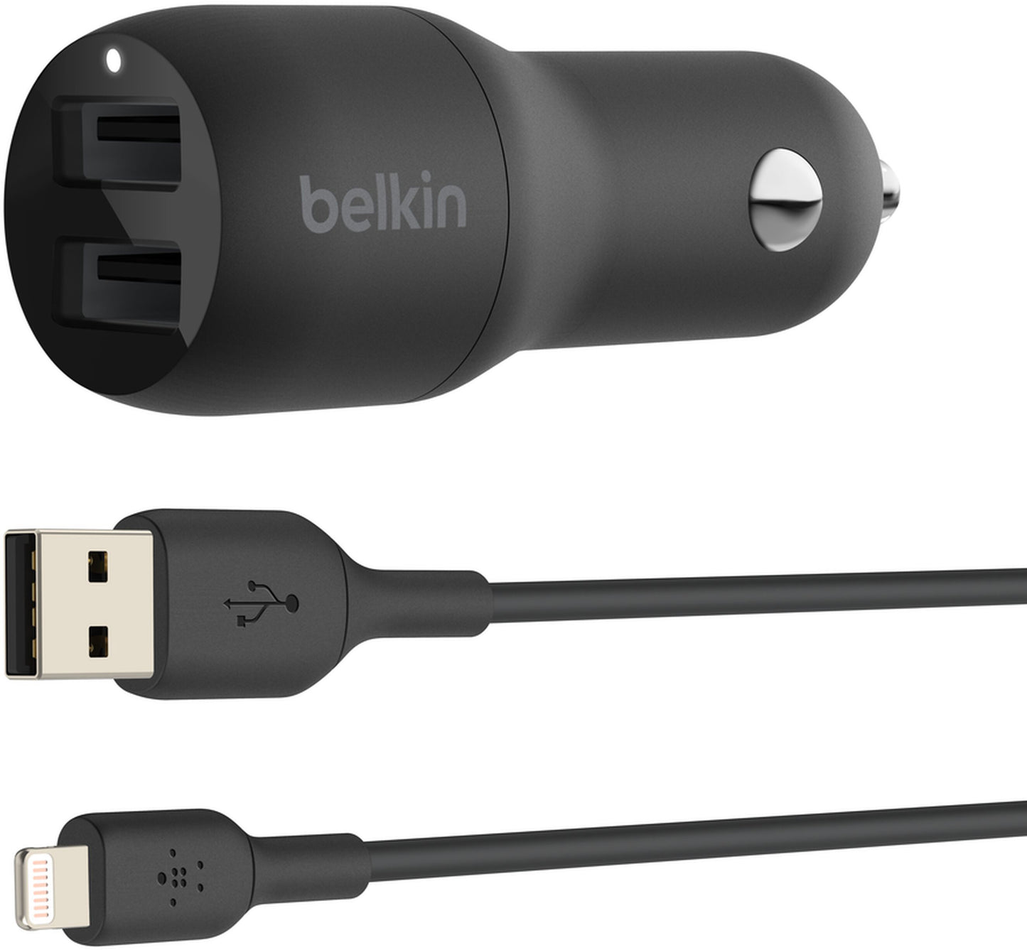 Biloplader med Lightning-kabel Belkin BoostCharge Dual, 24W, 2.4A, 2 x USB-A, svart CCD001bt1MBK