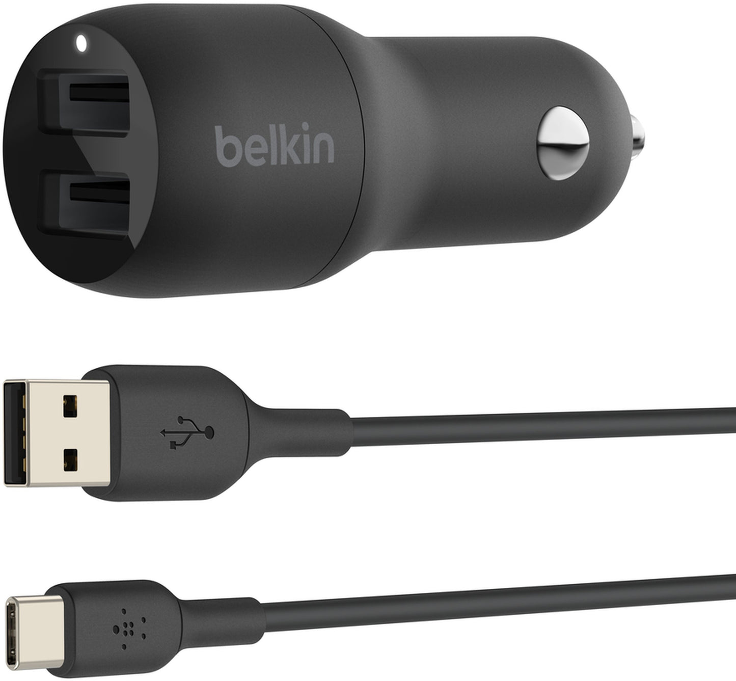 Biloplader med USB-C-kabel Belkin BoostCharge Dual, 24W, 2,4A, 2 x USB-A, svart CCE001bt1MBK