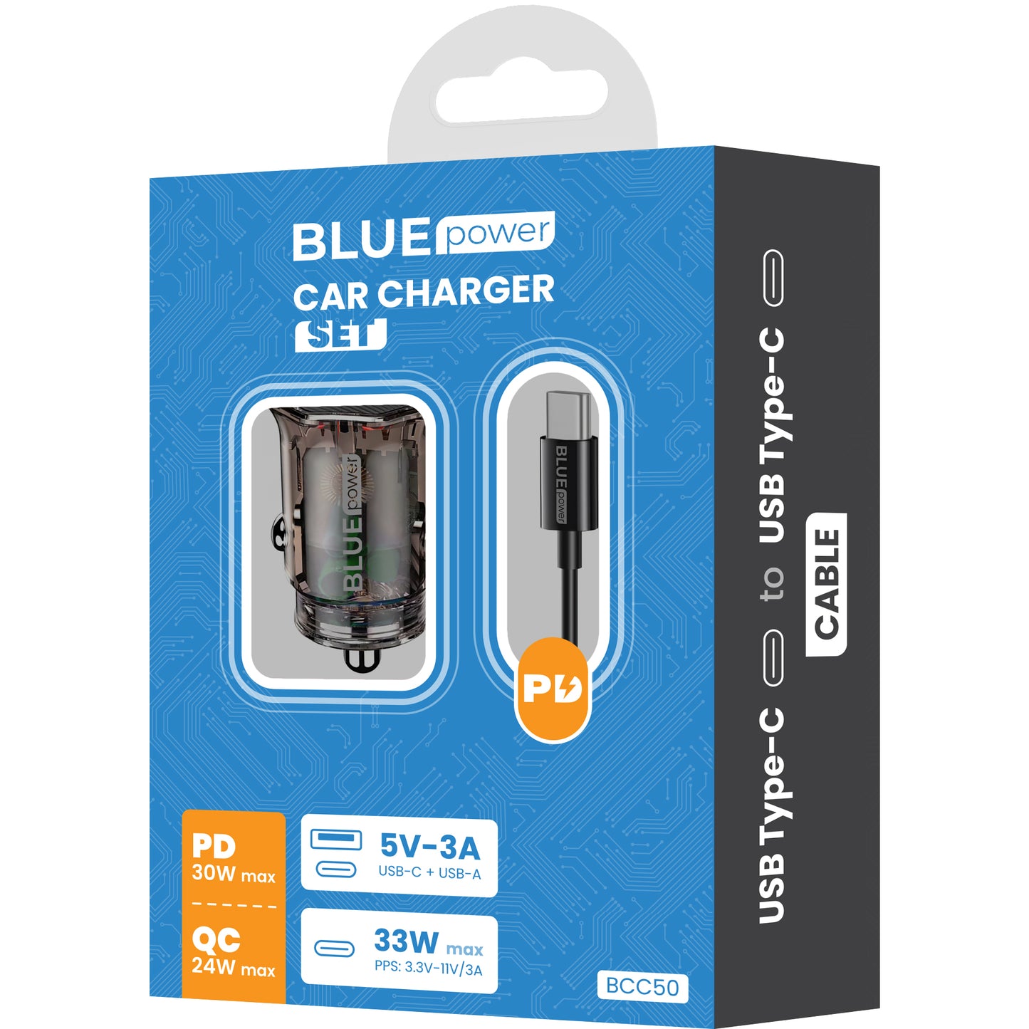Billader med USB-C-kabel BLUE Power BCC50, 33W, 3A, 1 x USB-A - 1 x USB-C, svart