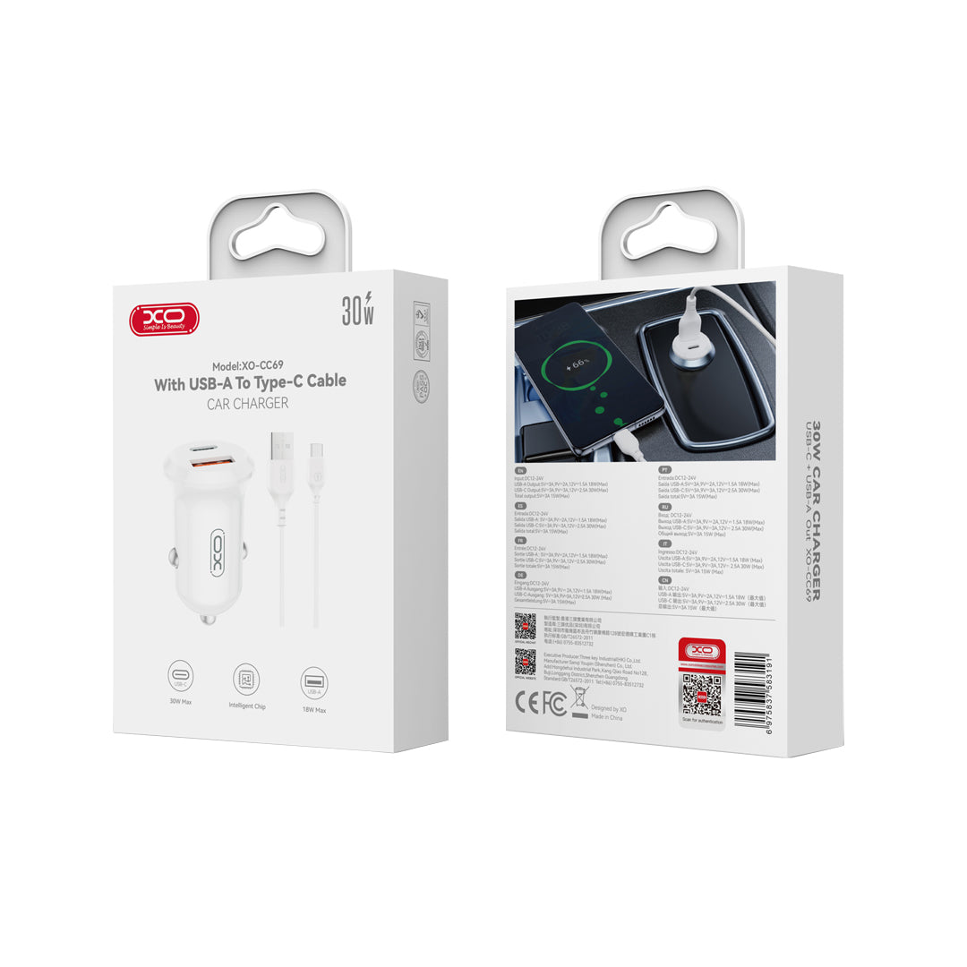 Bilader med USB-C-kabel XO Design CC69, 30W, 3A, 1 x USB-A - 1 x USB-C, Hvit