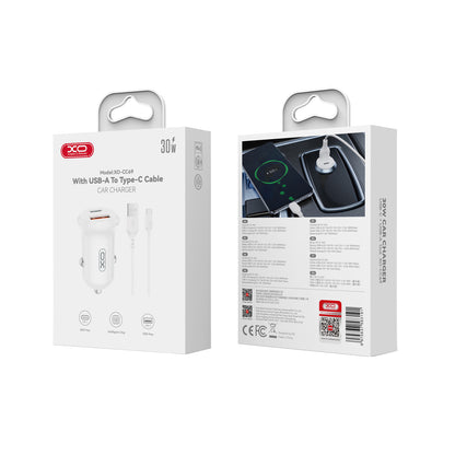 Bilader med USB-C-kabel XO Design CC69, 30W, 3A, 1 x USB-A - 1 x USB-C, Hvit