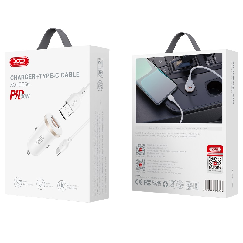 Bilader med USB-C-kabel XO Design CC56, 30W, 3A, 1 x USB-A - 1 x USB-C, Hvit