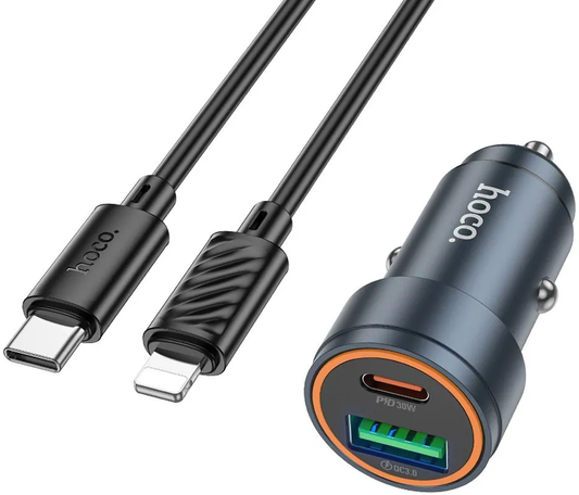 Bilader med Lightning-kabel HOCO Z57A, 30W, 3A, 1 x USB-A - 1 x USB-C, Grå