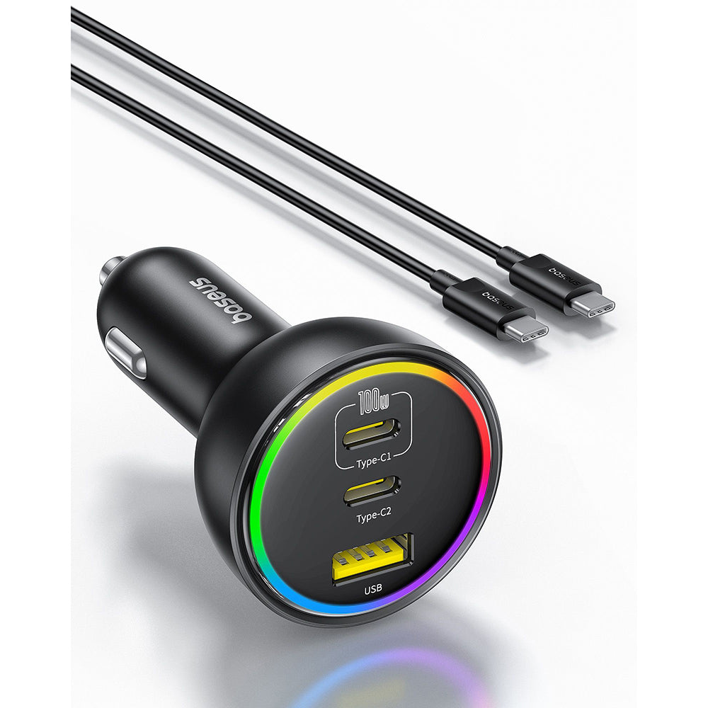Bilader med USB-C-kabel fra Baseus, 152.5W, 5A, 1 x USB-A - 2 x USB-C, Svart C00036101111-00