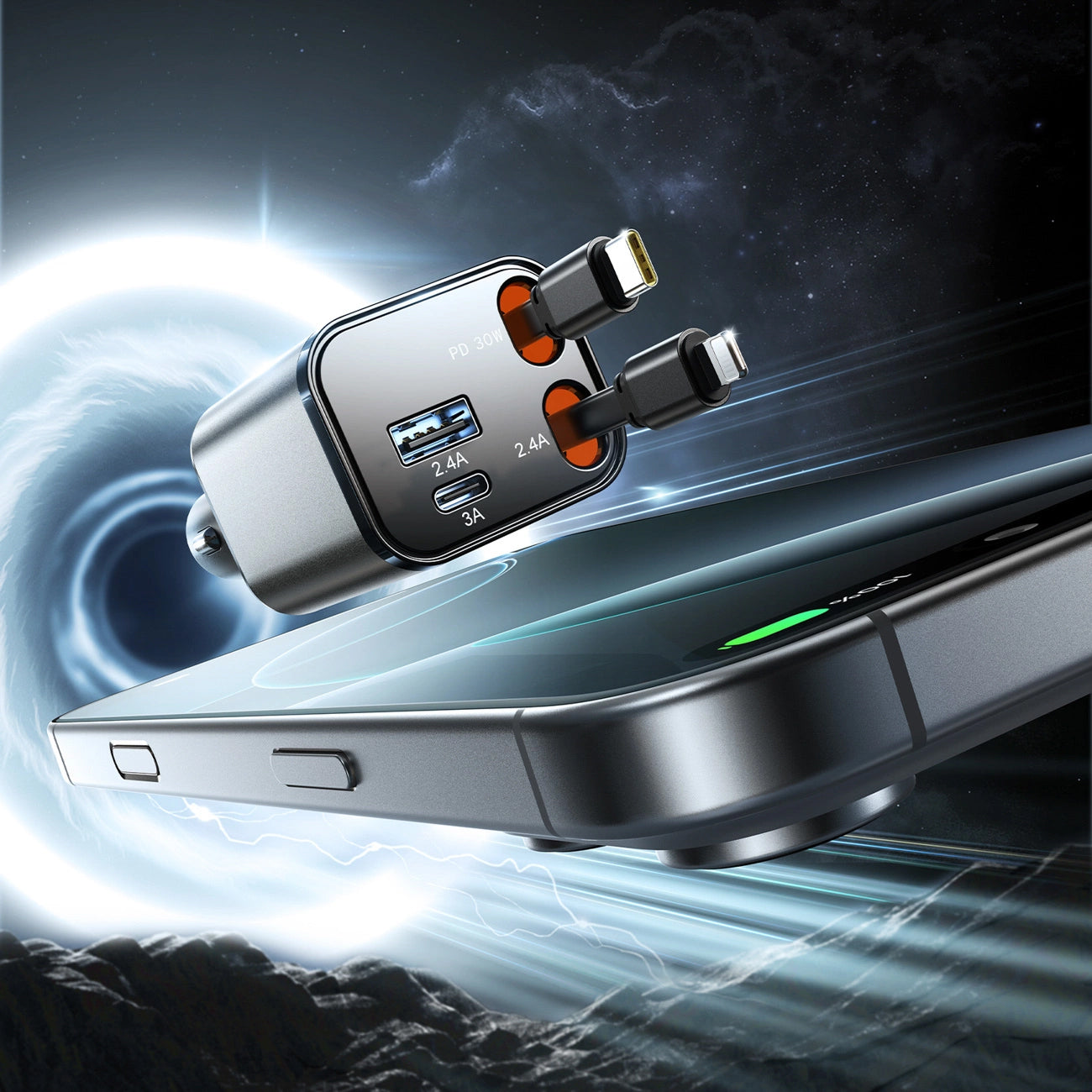 Bilader med USB-C / Lightning-kabel Joyroom JR-CCL05, 30W, 3A, 1 x USB-A - 1 x USB-C, Grå