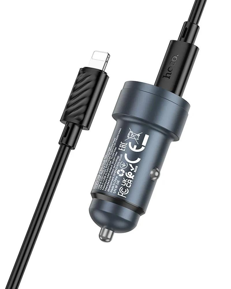 Bilader med Lightning-kabel HOCO Z57A, 30W, 3A, 1 x USB-A - 1 x USB-C, Grå