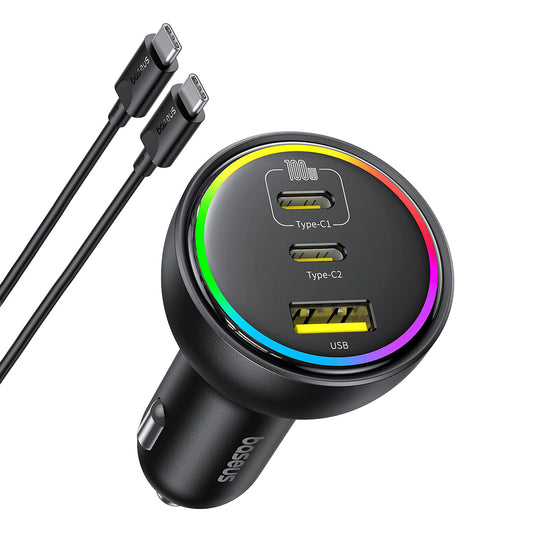 Bilader med USB-C-kabel fra Baseus, 152.5W, 5A, 1 x USB-A - 2 x USB-C, Svart C00036101111-00