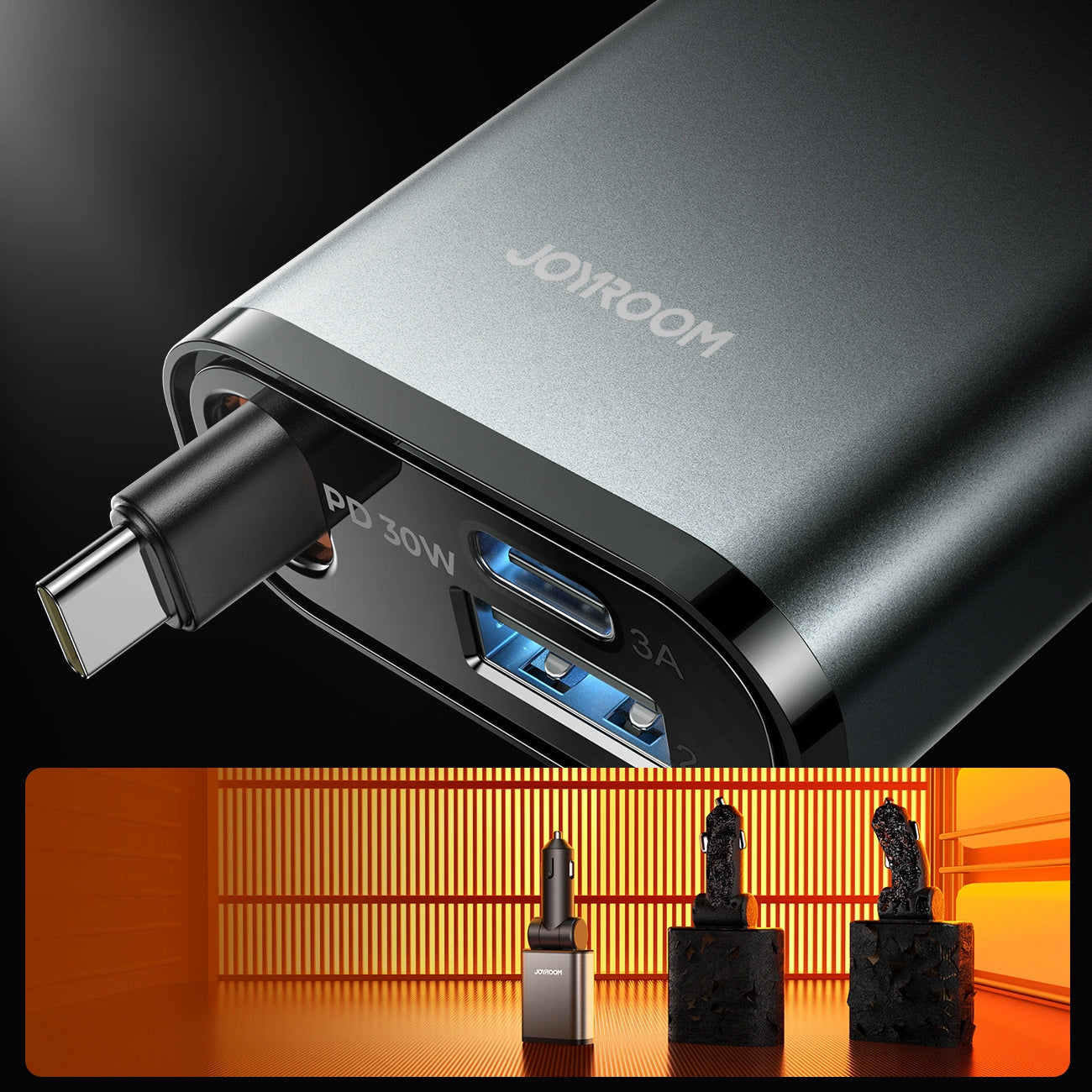 Bilader med USB-C-kabel Joyroom JR-CCL07, 30W, 3A, 1 x USB-A - 1 x USB-C, Grå