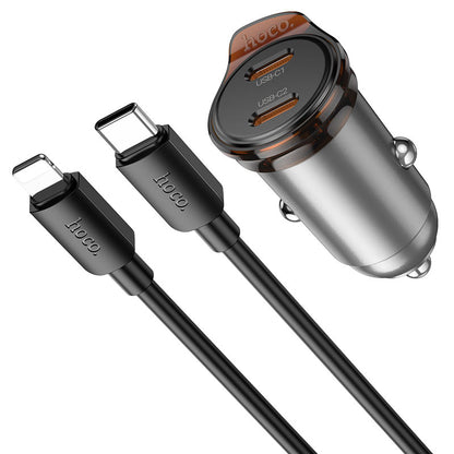 Bilader med Lightning-kabel HOCO NZ16B, 45W, 3A, 2 x USB-C, Grå