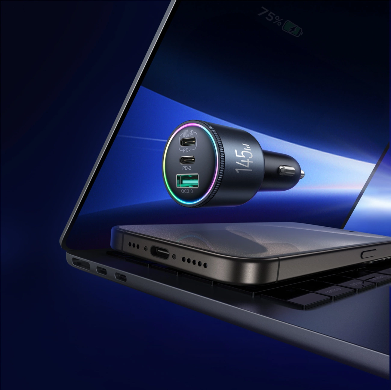 Bilader med USB-C-kabel Joyroom JR-CCN07, 145W, 5A, 1 x USB-A - 2 x USB-C, Grå