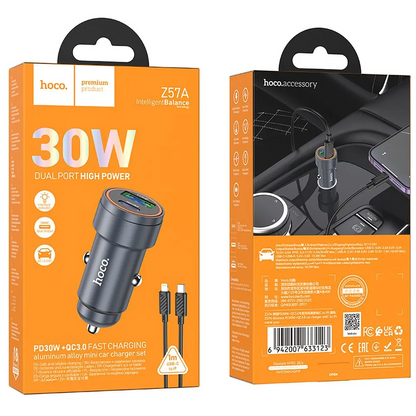 Bilader med Lightning-kabel HOCO Z57A, 30W, 3A, 1 x USB-A - 1 x USB-C, Grå