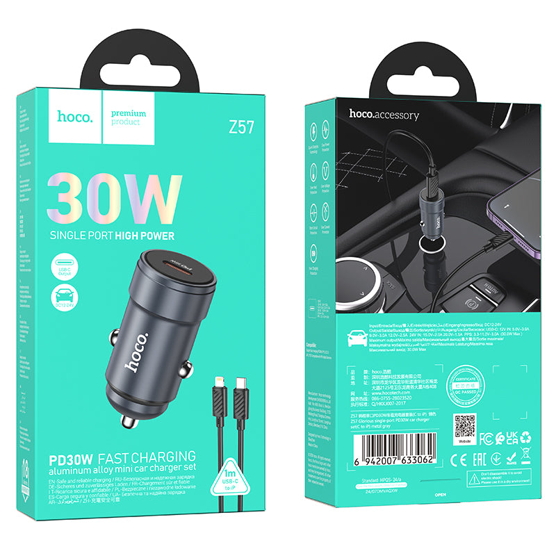 Bilader med Lightning-kabel HOCO Z57, 30W, 3A, 1 x USB-C, Grå