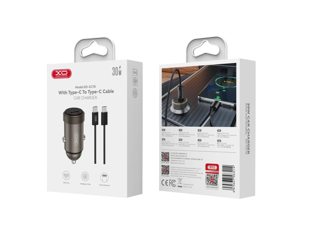 Bilader med USB-C-kabel XO Design CC70, 30W, 3A, 1 x USB-C, Svart