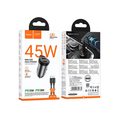 Bilader med Lightning-kabel HOCO NZ16B, 45W, 3A, 2 x USB-C, Grå