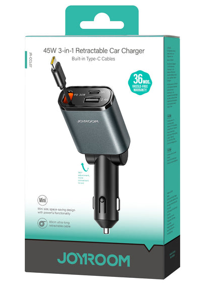 Bilader med USB-C-kabel Joyroom JR-CCL07, 30W, 3A, 1 x USB-A - 1 x USB-C, Grå