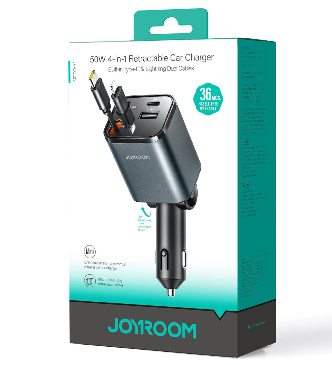 Bilader med USB-C / Lightning-kabel Joyroom JR-CCL05, 30W, 3A, 1 x USB-A - 1 x USB-C, Grå