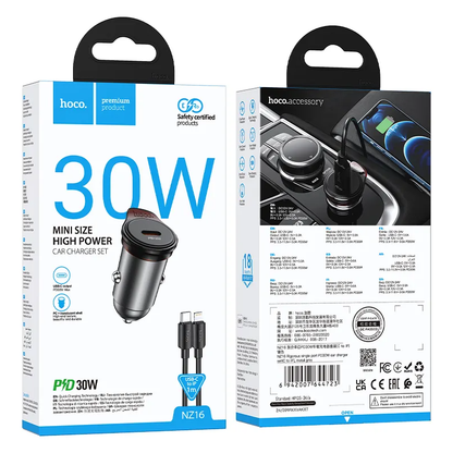 Bilader med Lightning-kabel HOCO NZ16, 30W, 3A, 1 x USB-C, Grå