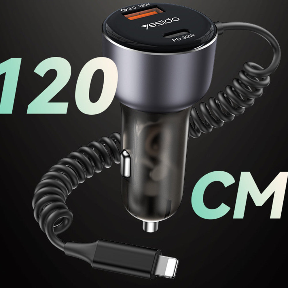 Bilader med Lightning-kabel Yesido Y57, 50W, 3A, 1 x USB-A - 1 x USB-C, Svart