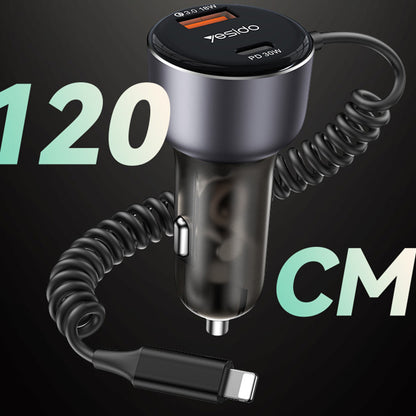 Bilader med Lightning-kabel Yesido Y57, 50W, 3A, 1 x USB-A - 1 x USB-C, Svart