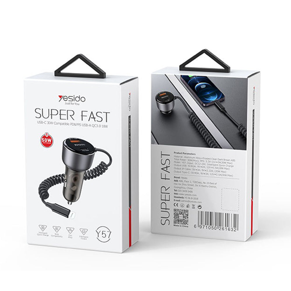 Bilader med Lightning-kabel Yesido Y57, 50W, 3A, 1 x USB-A - 1 x USB-C, Svart