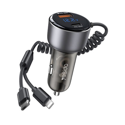 Bilader med USB-C / Lightning-kabel Yesido Y58 Display, 60W, 3A, 1 x USB-A - 1 x USB-C, Grå
