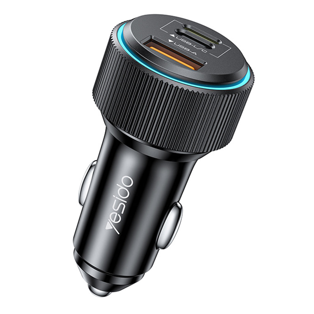 Bilader med Lightning-kabel Yesido Y60, 38W, 3A, 1 x USB-A - 2 x USB-C, Svart