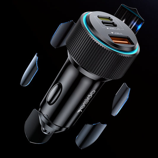 Bilader med Lightning-kabel Yesido Y60, 38W, 3A, 1 x USB-A - 2 x USB-C, Svart