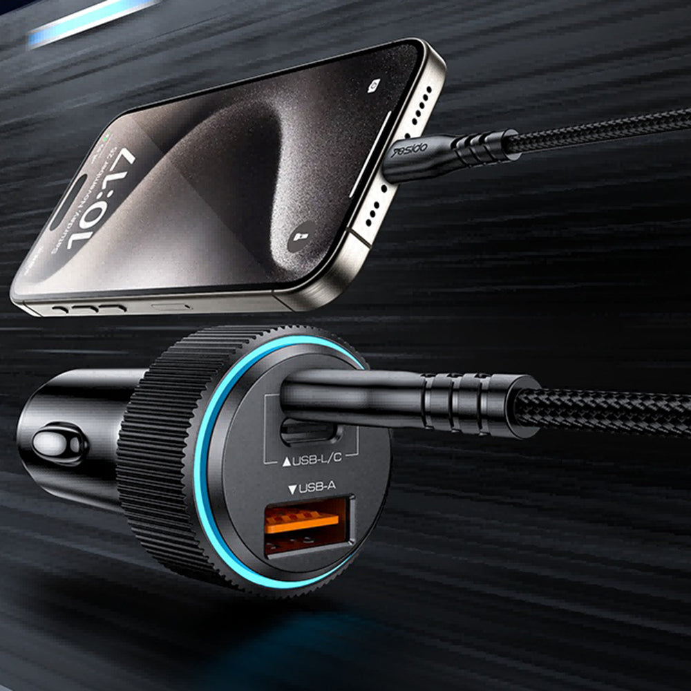 Bilader med Lightning-kabel Yesido Y60, 38W, 3A, 1 x USB-A - 2 x USB-C, Svart