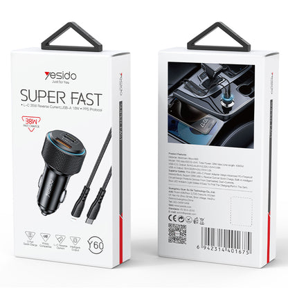 Bilader med Lightning-kabel Yesido Y60, 38W, 3A, 1 x USB-A - 2 x USB-C, Svart