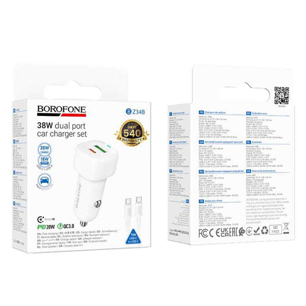 Bilader med USB-C-kabel Borofone BZ34B Cloud, 20W, 3A, 1 x USB-A - 1 x USB-C, Hvit