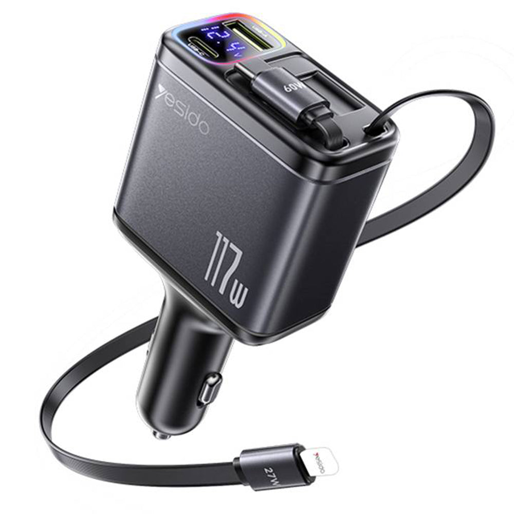 Bilader med USB-C / Lightning-kabel Yesido Y63 Display, 117W, 3A, 1 x USB-A - 1 x USB-C, Grå