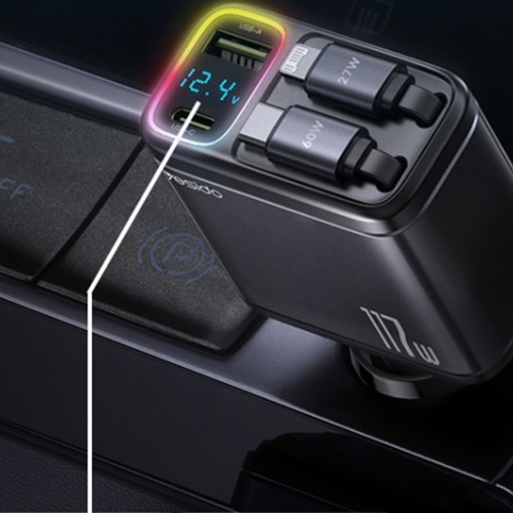 Bilader med USB-C / Lightning-kabel Yesido Y63 Display, 117W, 3A, 1 x USB-A - 1 x USB-C, Grå