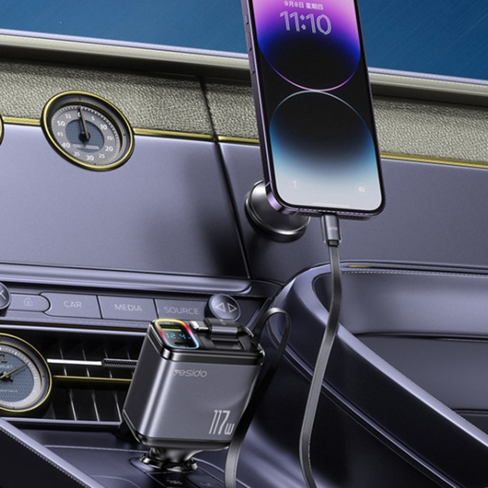 Bilader med USB-C / Lightning-kabel Yesido Y63 Display, 117W, 3A, 1 x USB-A - 1 x USB-C, Grå
