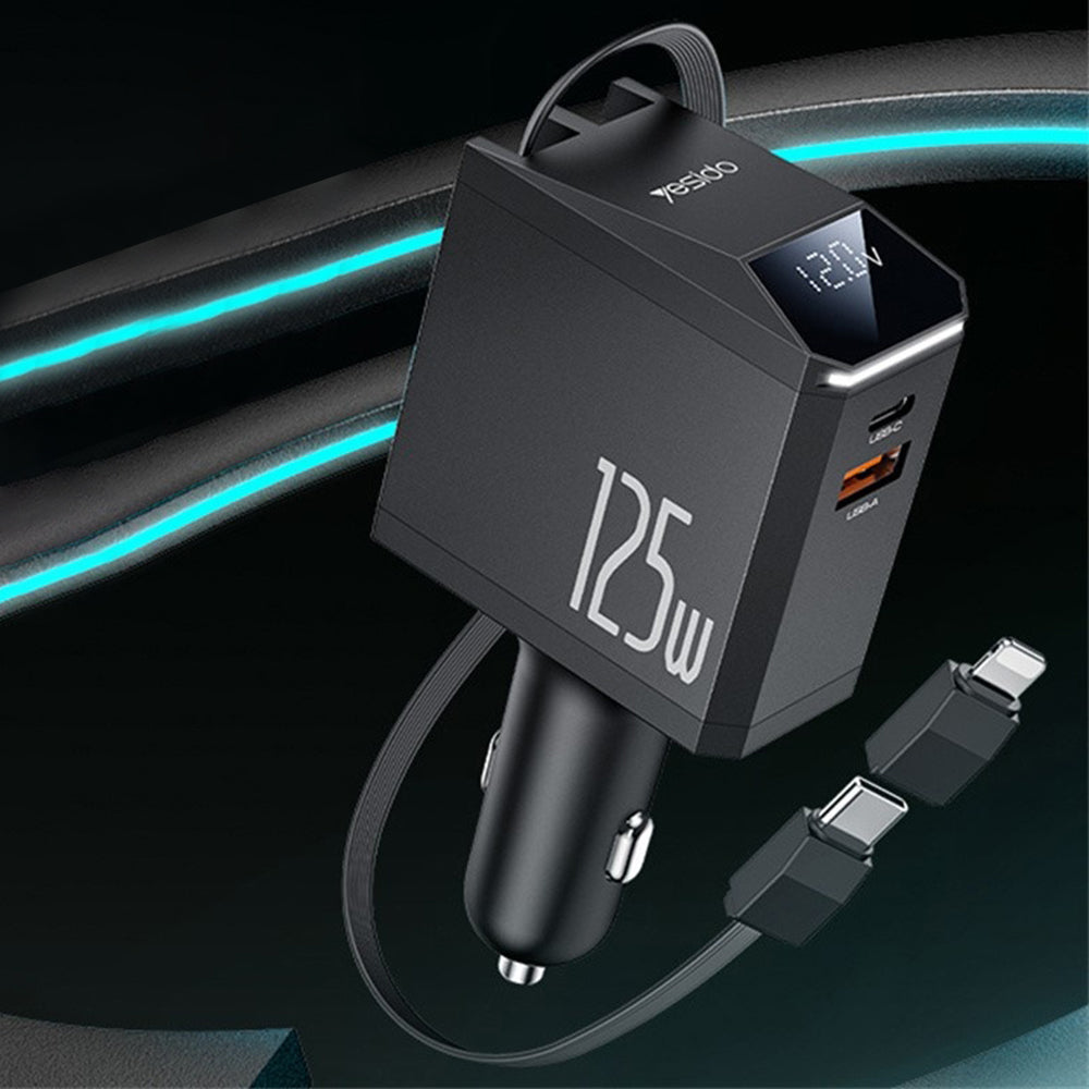 Bilader med USB-C / Lightning-kabel Yesido Y71 Display, 125W, 3A, 1 x USB-A - 1 x USB-C, Svart