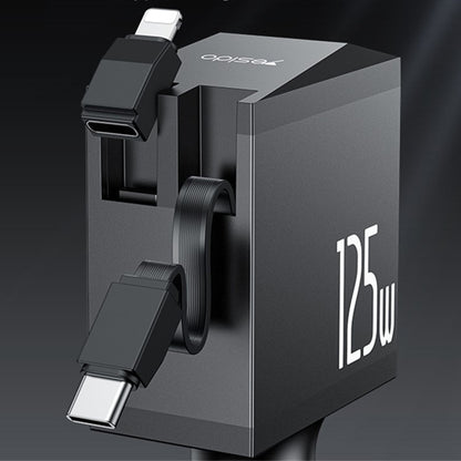 Bilader med USB-C / Lightning-kabel Yesido Y71 Display, 125W, 3A, 1 x USB-A - 1 x USB-C, Svart