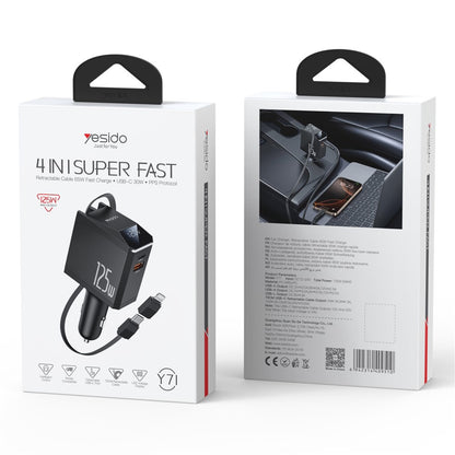 Bilader med USB-C / Lightning-kabel Yesido Y71 Display, 125W, 3A, 1 x USB-A - 1 x USB-C, Svart