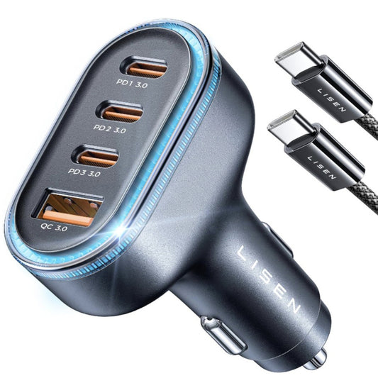 Bilader med USB-C-kabel Lisen, 101W, 3.25A, 1 x USB-A - 3 x USB-C, Svart YL0223120021