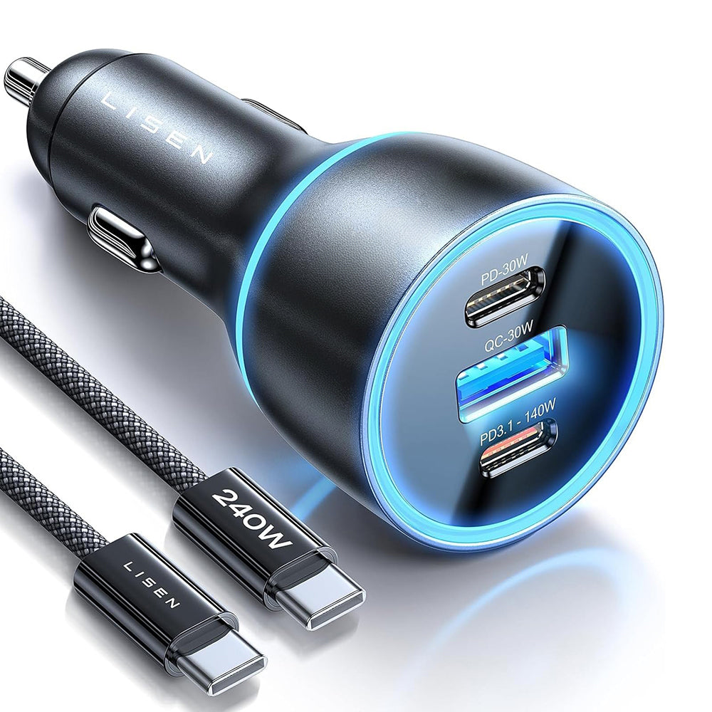 Bilader med USB-C-kabel Lisen, 170W, 5A, 1 x USB-A - 2 x USB-C, Svart YL0224010001