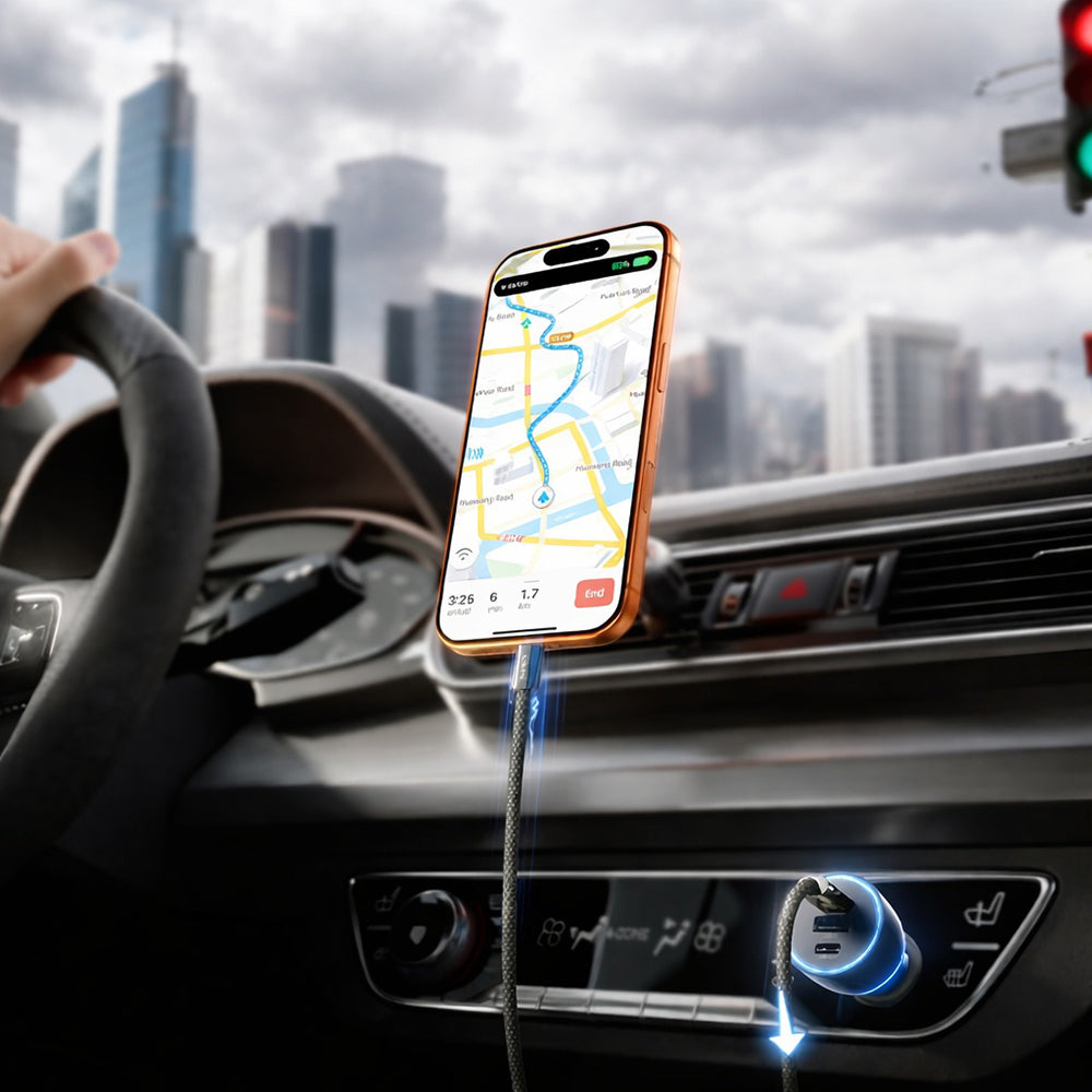 Bilader med USB-C-kabel Lisen, 170W, 5A, 1 x USB-A - 2 x USB-C, Svart YL0225060006